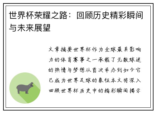 世界杯荣耀之路：回顾历史精彩瞬间与未来展望