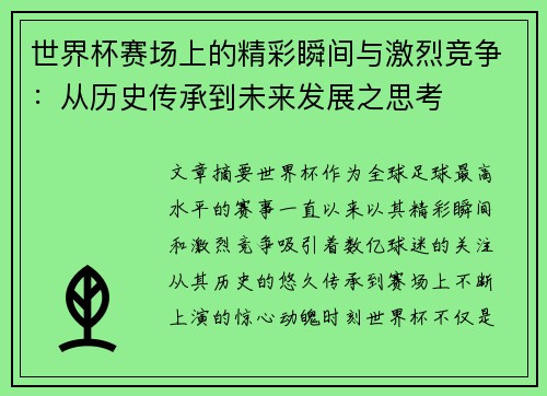 世界杯赛场上的精彩瞬间与激烈竞争：从历史传承到未来发展之思考